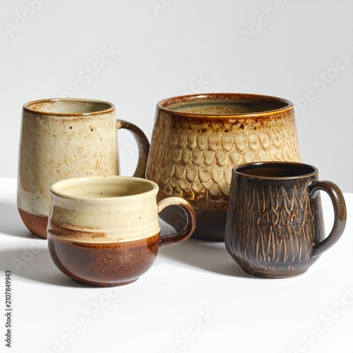 Four rustic ceramic mugs with earthy tones and varied textures