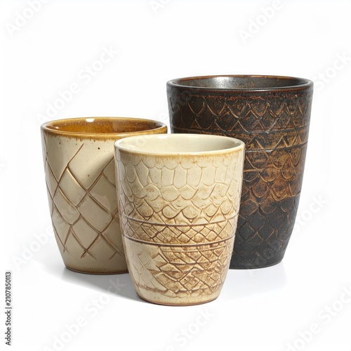 Three textured ceramic cups in earthy tones