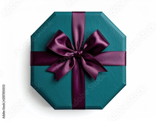 Octagonal teal gift box with deep purple satin ribbon bow