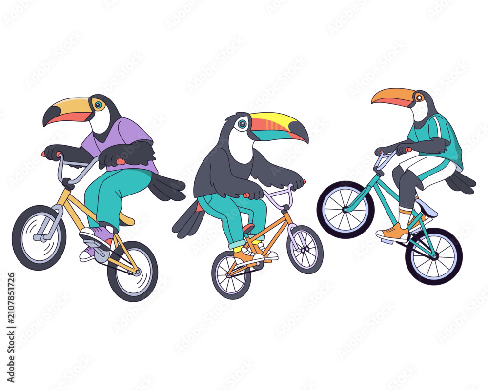Obraz premium Vibrant cartoon illustration depicting three toucans riding BMX bikes, performing stunts and showcasing cycling skills with enthusiastic energy, a dynamic animal extreme sports adventure