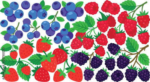 Foto Colorful mix of fresh berries including strawberries, blueberries, raspberries,