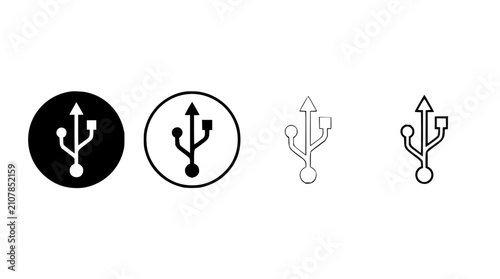 USB symbol set with four icons in a row featuring Type-A, Type-C, Micro-USB, and Lightning connectors with flat design style and thin lines