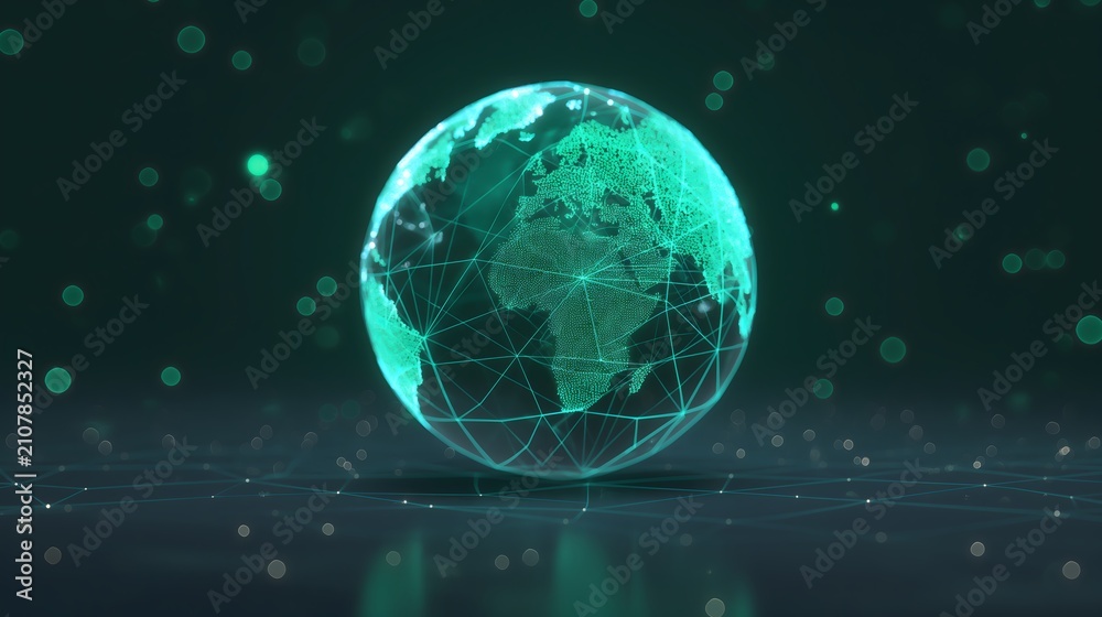 Fototapeta premium Glowing green digital globe with network connections and data points floating above a reflective surface representing global technology and connectivity