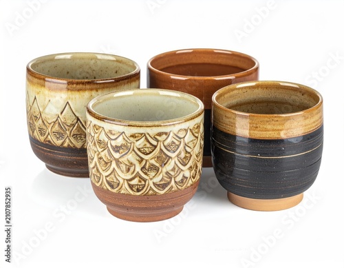 Four decorative ceramic cups with varied textures and earthy tones