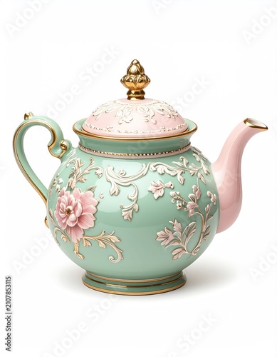 Ornate pastel teapot with floral reliefs and gold accents
