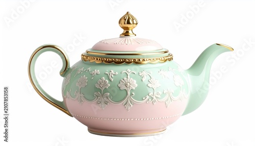 Elegant pastel teapot with ornate gold trim and floral embossed details