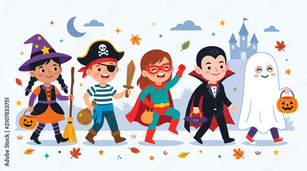 Fototapeta premium Four diverse children smiling and celebrating together in colorful attire.