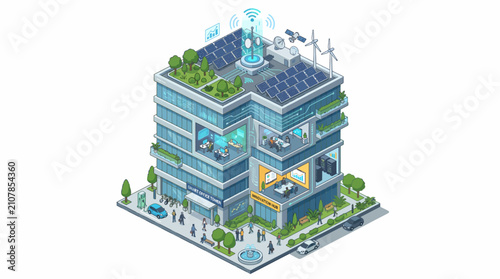 Modern ecofriendly apartment building with green rooftop garden.