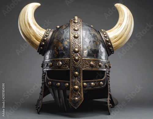 Ornate dark metal horned helmet with gold trim and tusks