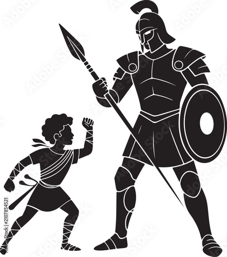 David And Goliath Silhouette Black Vector Illustration On White Background