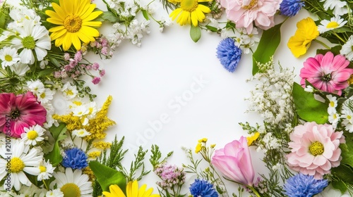 Colorful assorted flowers arranged in a circular frame with white space in the center.