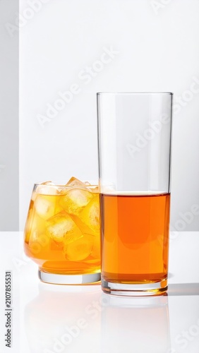 Two amber-colored beverages, one with ice, in clear glasses