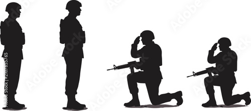 Obraz na płótnie Soldier silhouettes, standing and kneeling, rifle salute, military respect, blac