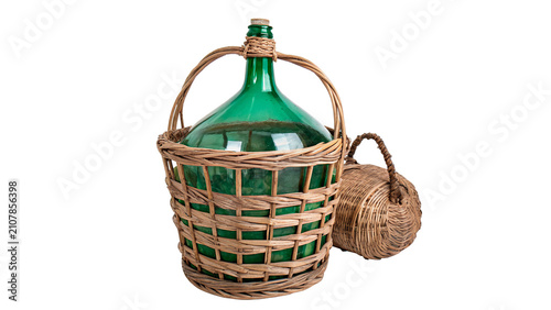 Slika na platnu Large glass carboy wine bottle in wicker basket isolated on transparent backgrou