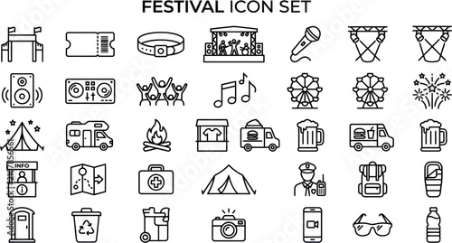 Konstfotografi Collection of diverse festival icons, encompassing stages, tickets, food, campin