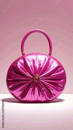 Metallic pink circular handbag with gathered detail and a single top handle