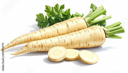 Two pale, conical root vegetables with green leafy tops and sliced pieces