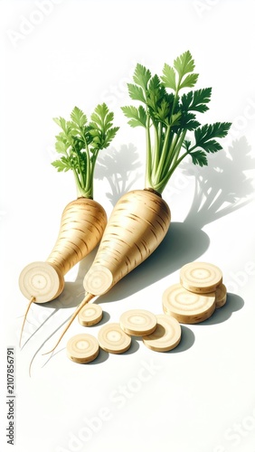 Two whole and sliced parsnips with green tops and shadows on white