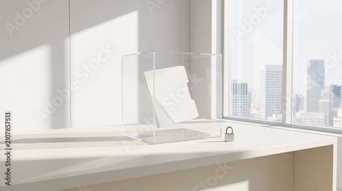 Obraz w ramie Minimal office desk by glass wall and city view, illustrating secure virtual data room for confidential business document storage and access.