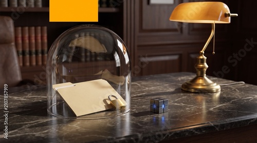 Obraz w ramie Desk, lamp and glass dome with confidential document suggest secure virtual data room for private business information storage.