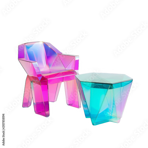 Trendy low poly neon glass furniture set, creative crystal style chair and table
