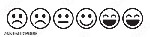 Obraz na płótnie Progression of facial emoticons from sad to very happy showing satisfaction levels on transparent background