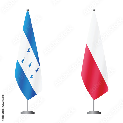 Bild auf Leinwand Honduras and Poland flags on flagpoles for official ceremonies and meetings, tra