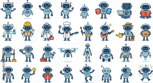 Bild auf Leinwand Cute AI Robot Character Icon Set Featuring Friendly Android Mascots in Various P