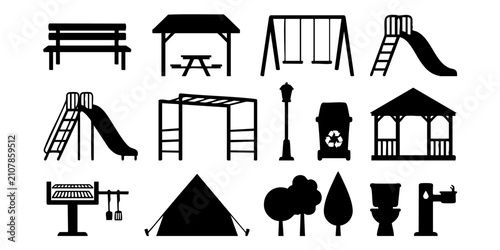 Canvas Print Park and outdoor recreation icon set featuring playground equipment gazebo bench