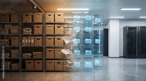 Cardboard archive box, glowing digital file, and server cabinet in modern office show paperless workflow and archive digitization for efficient record storage.