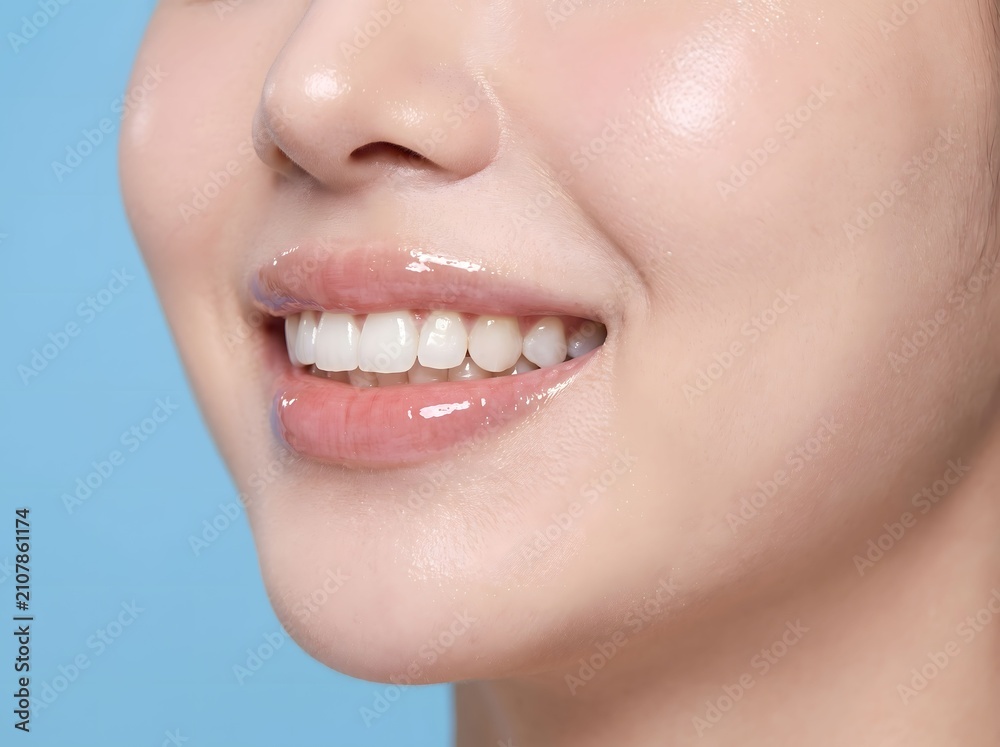 Fototapeta premium Close up of woman smiling with glossy lips. Healthy teeth and skincare beauty concept.