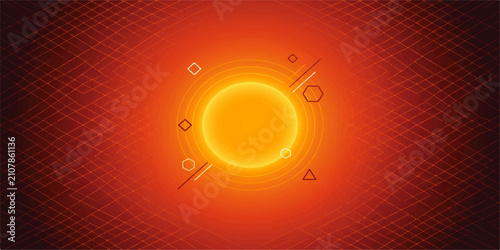 Cosmic Orb: A vibrant, glowing orb radiating warmth and energy, set against a dark, textured background with abstract geometric elements.