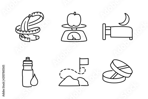 Healthy lifestyle and wellness icon set featuring diet fruit scale, bedtime sleep, hydration bottle, hiking milestone, and vitamins