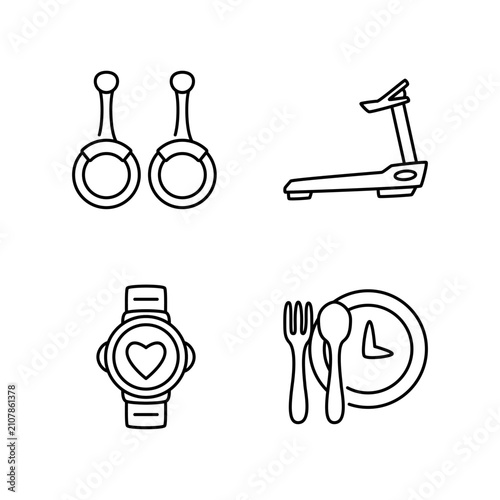 Fitness and sports technology icon set featuring treadmill, gymnastic rings, sport smartwatch, and healthy mealtime