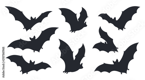 Fotografie Halloween bat silhouettes set, black flying bats vector collection, spooky noctu