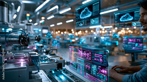 Photorealistic cloud factory manufacturing floor with industrial automation, data dashboard integration and floating operational panels in a futuristic technology network