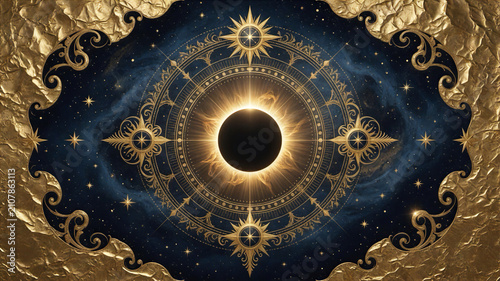 Majestic celestial artwork featuring a dark solar eclipse with glowing divine gold foil details