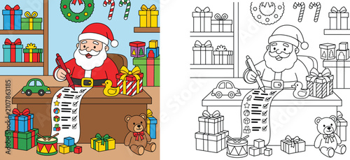 Canvastavla Santa Claus sitting at desk writing wish list with gifts and toys, colorful cartoon illustration and black and white coloring page side by side, Christmas activity for kids