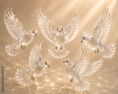 Luminous White Glass Doves Flying  – Luxury 3D Illustration