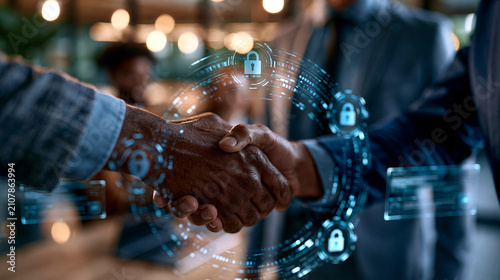 Handshake between two professionals in a modern office with trust, security icons, encryption lines, and transparent interface UI for corporate cyber security