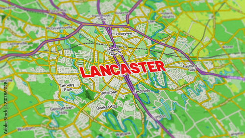 Macro View of Lancaster Pennsylvania Map Showing Detailed Streets, Roads, and Geographic Layout