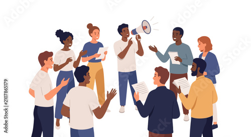 Diverse multicultural activists standing in a circle and protesting with a megaphone flat design vector illustration