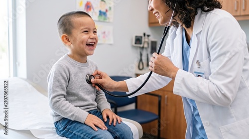 Laughing Boy Getting Checkup from Smiling Female Doctor in Clinic