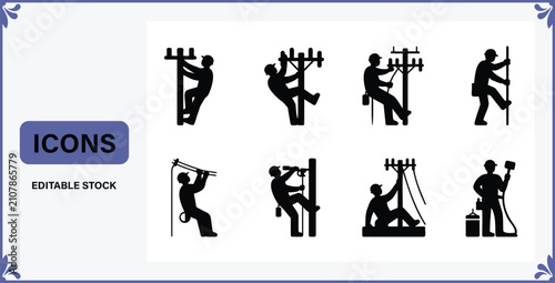 Collection of silhouette icons depicting utility workers performing electrical maintenance tasks on poles