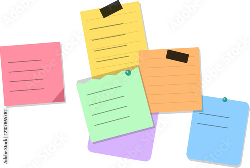 Colorful sticky notes with lines for writing or drawing, flat design illustration for office, planning, organization, and creative projects