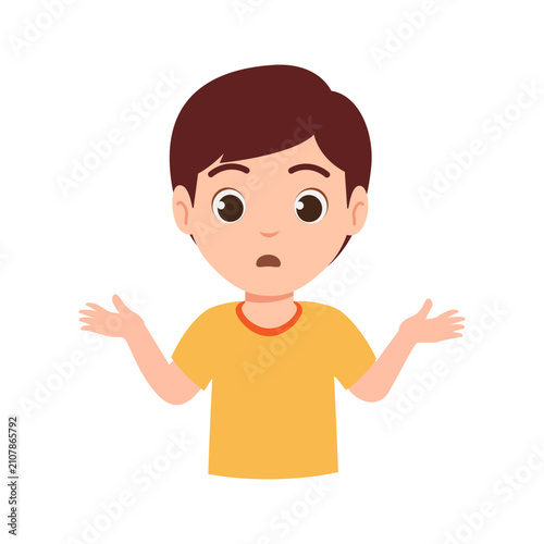 Vector illustration of a young boy character shrugging his shoulders in confusion.