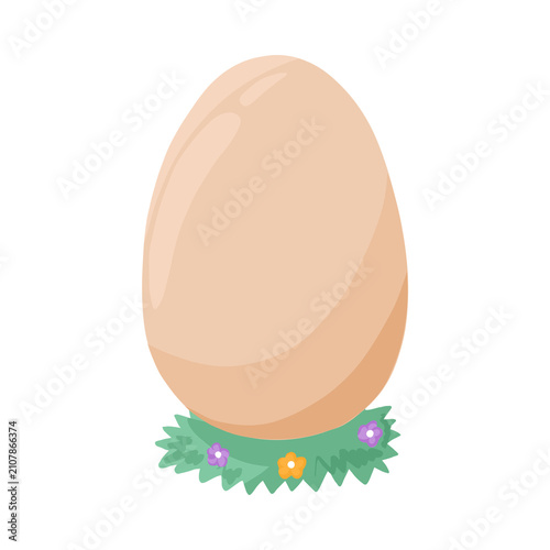 Easter egg on green grass. Decorative spring holiday illustration with floral elements.