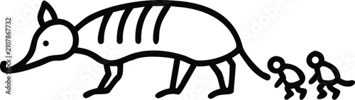 Obraz na płótnie Simple Black Line Icon of Armadillo Walking with Two Small Offspring