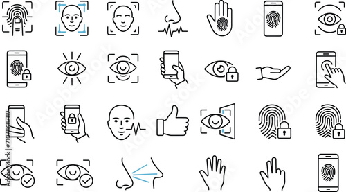Biometric verification and security line art vector icon set featuring fingerprint scanning facial recognition and eye iris lock access controls.