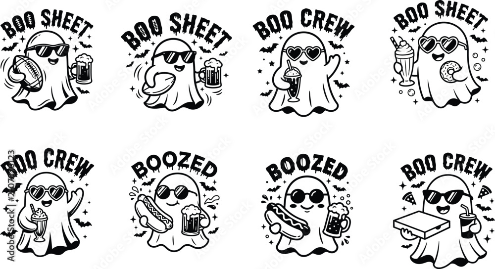 Fototapeta premium Collection of black and white ghost for halloween, featuring ghosts with sunglasses holding beer, pizza, hot dogs, and milkshakes